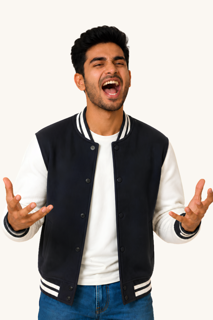 A Young Man posing in a navy blue varsity jacket - Polimemes