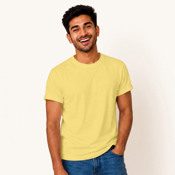 Palash posing in Plain Yellow Classic Crew Tshirt by Polimemes India