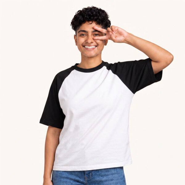 Master Rakul posing in Plain Black White Oversized Raglan Tshirt by Polimemes India
