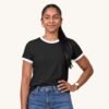 Product hero images (1) Tara posing in Plain White Black Ringer Tshirt by Polimemes India