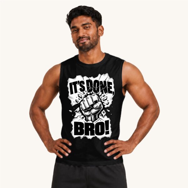 Amal posing in It's Done Bro Men's Black Sleeveless Tshirt by Polimemes India