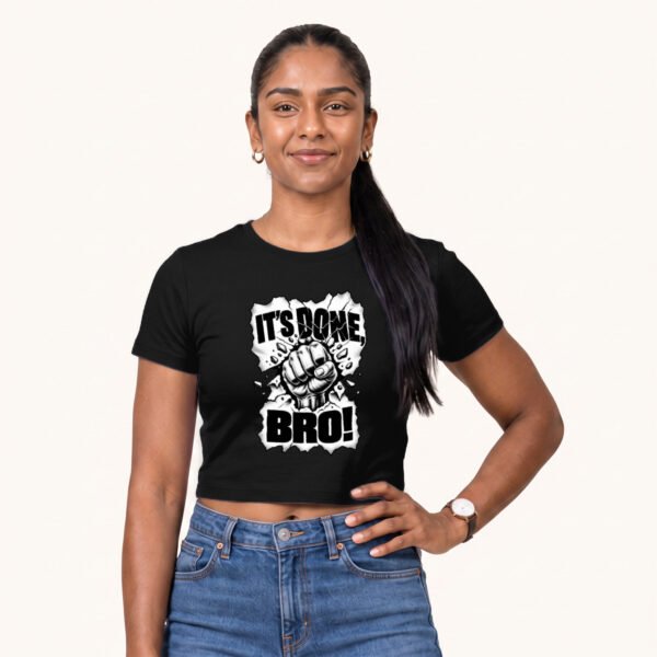 Tara posing in It's Done Bro Female Black Crop Top by Polimemes India