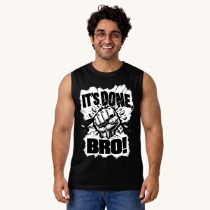 Vihaan posing in It's Done Bro Men's Black Sleeveless Tshirt by Polimemes India