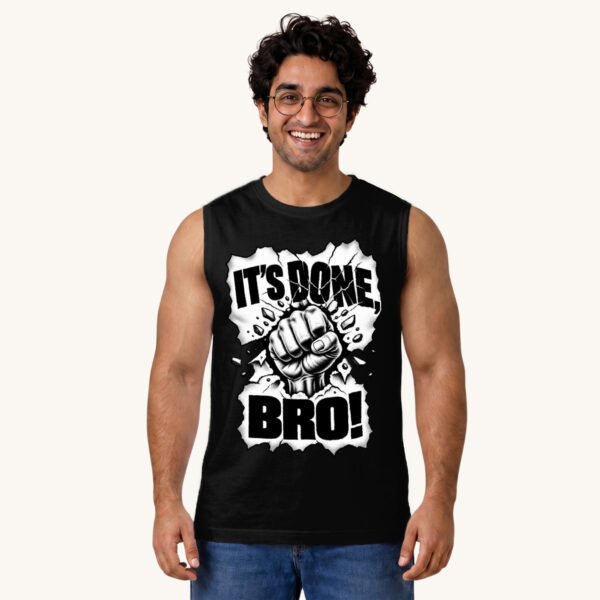 Vihaan posing in It's Done Bro Men's Black Sleeveless Tshirt by Polimemes India