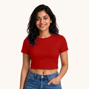 Mayra posing in plain red crop top by Polimemes India