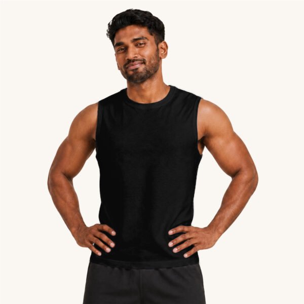 Amal posing in Plain Black Men's Sleeveless Tshirt by Polimemes India