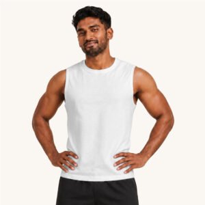Amal posing in Plain White Men's Sleeveless Tshirt by Polimemes India