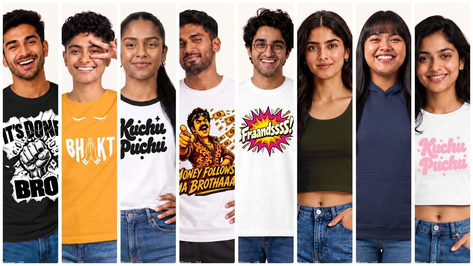 Models posing in banger designs for casual wear by Polimemes India
