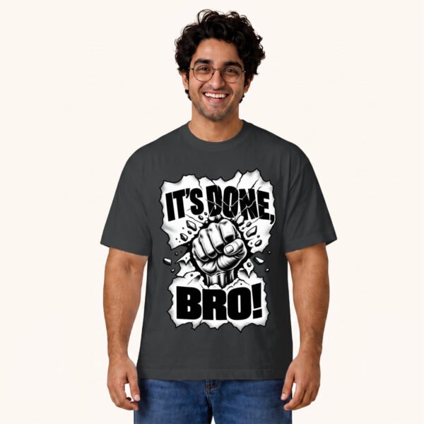 Master Vihaan posing in It's Done Bro Unisex Steel Grey Tshirt by Polimemes India