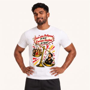 Amal posing in Emraan Hashmi Fan White Tshirt by Polimemes India